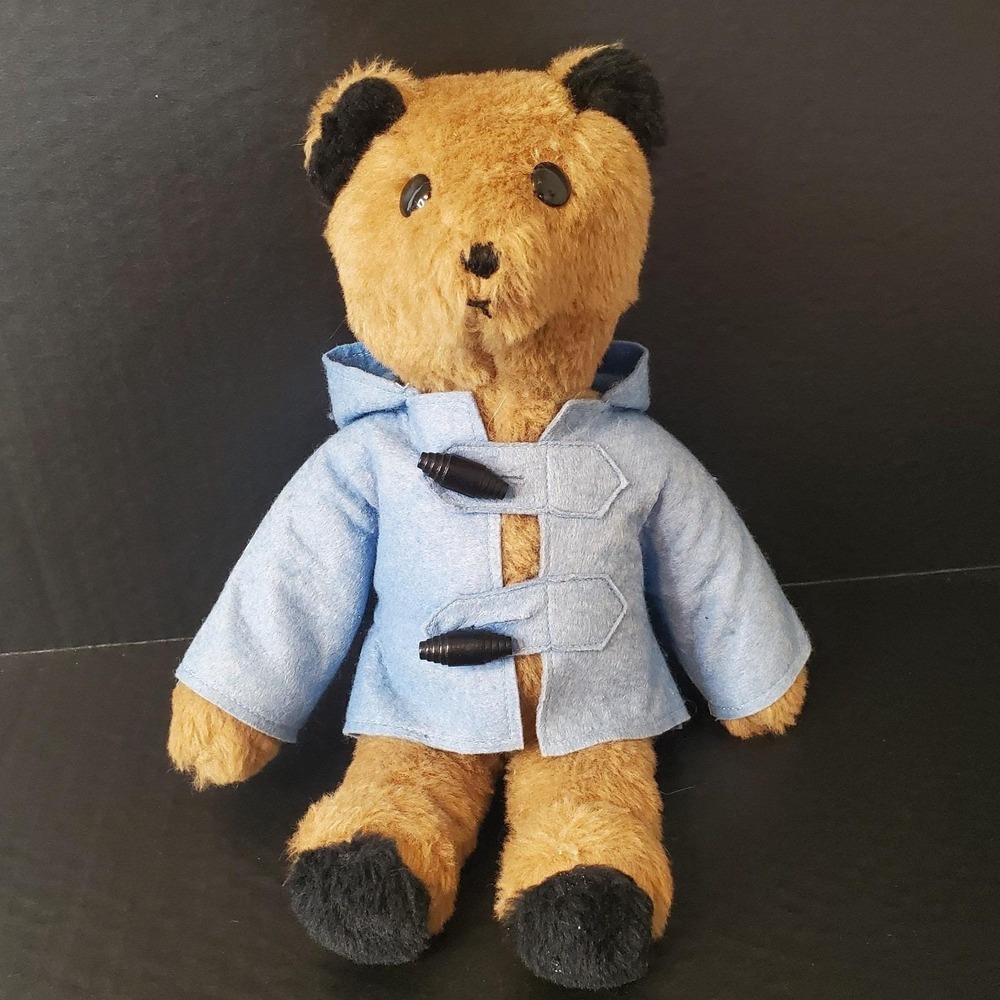 Vintage Brown Teddy Bear Wearing Blue Felt Raincoat 14" Firm Stuffed Plush READ